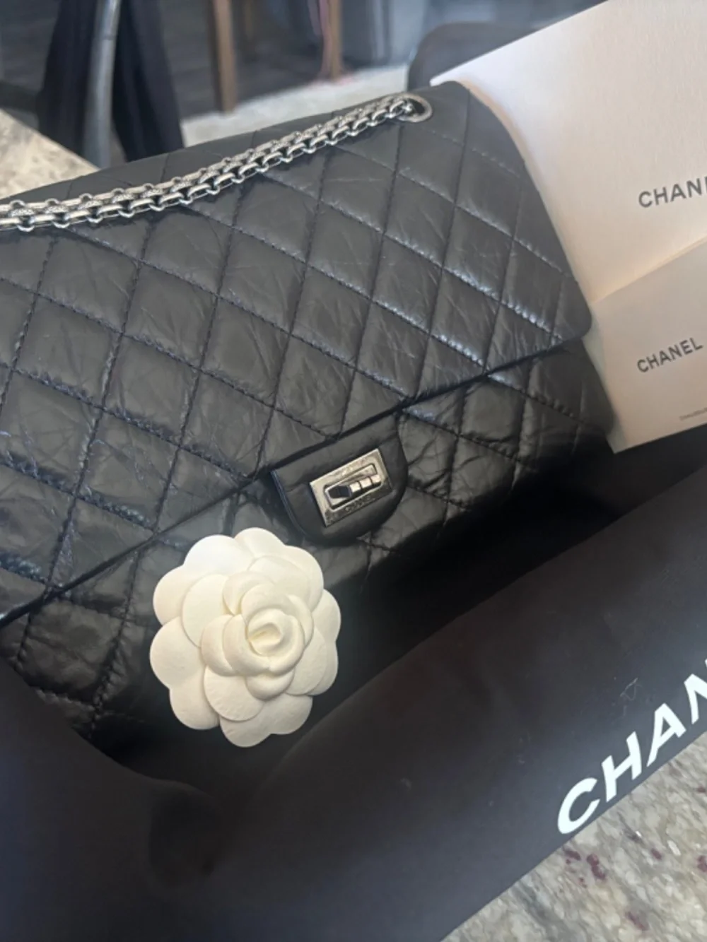 CHANEL 2.55 Reissue 226 Black Aged Calfskin Ruthenium Hardware Double Flap AUTH
